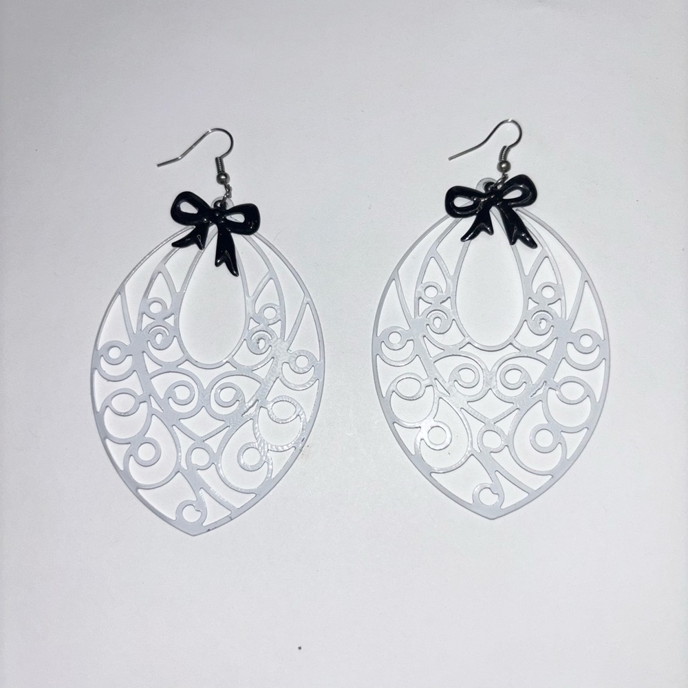 Elegant White and Black Bow Earrings